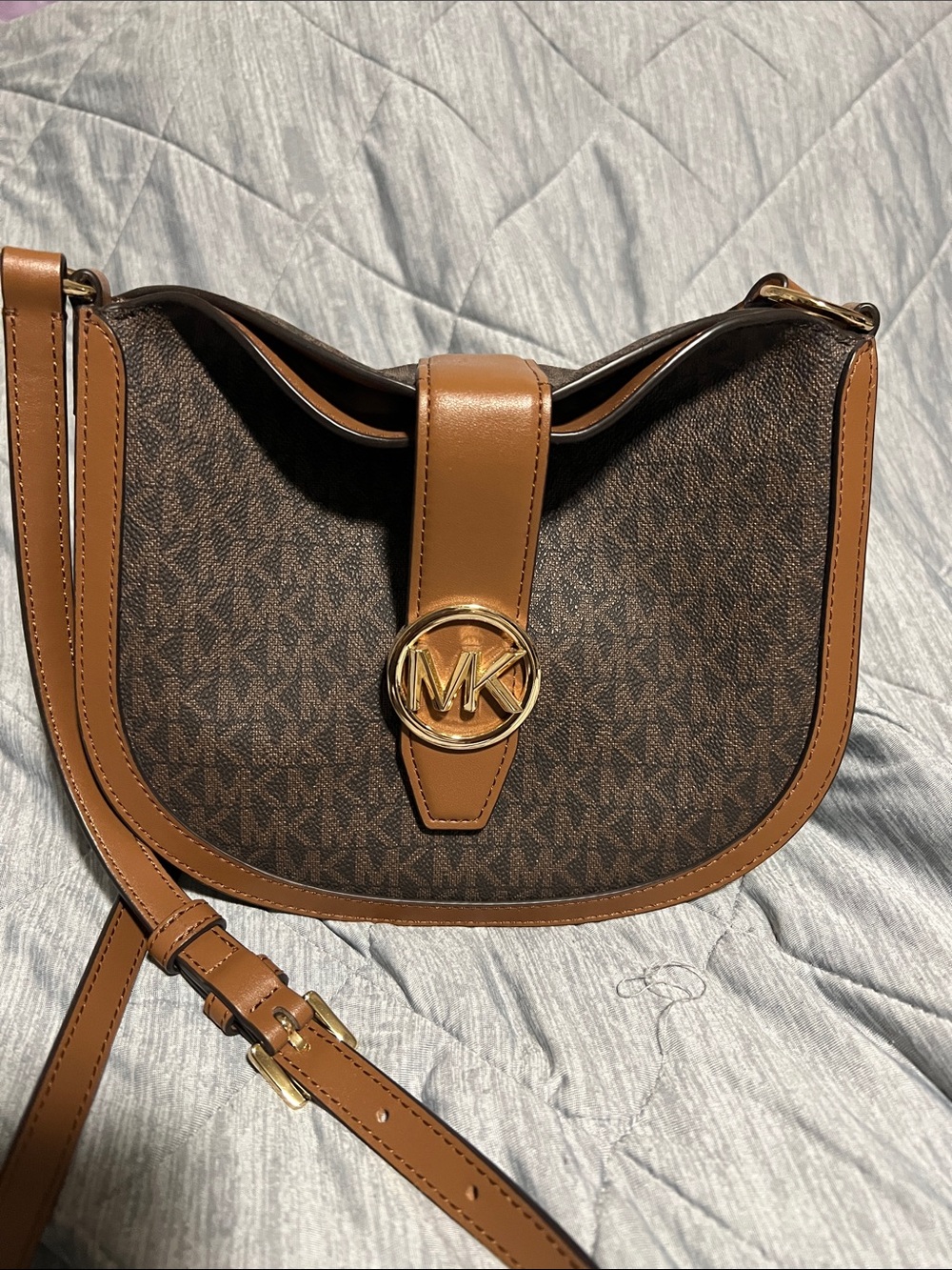 Michael Kors Brown & Tan Signature Crossbody Saddle Bag